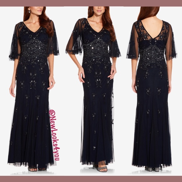 NWT Adrianna Papell Floral Beaded‎ Flutter Gown 0